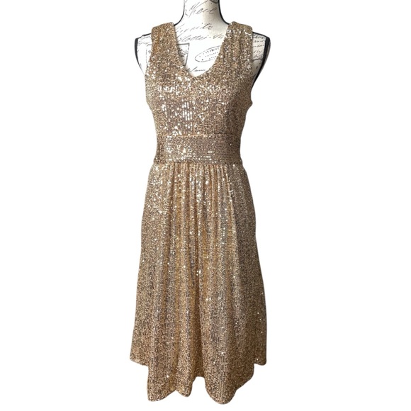 Draper James Dresses & Skirts - Gold Sequin Dress Formal Sleeveless V-Neck Party Dress with Ruffle Balloon Hem